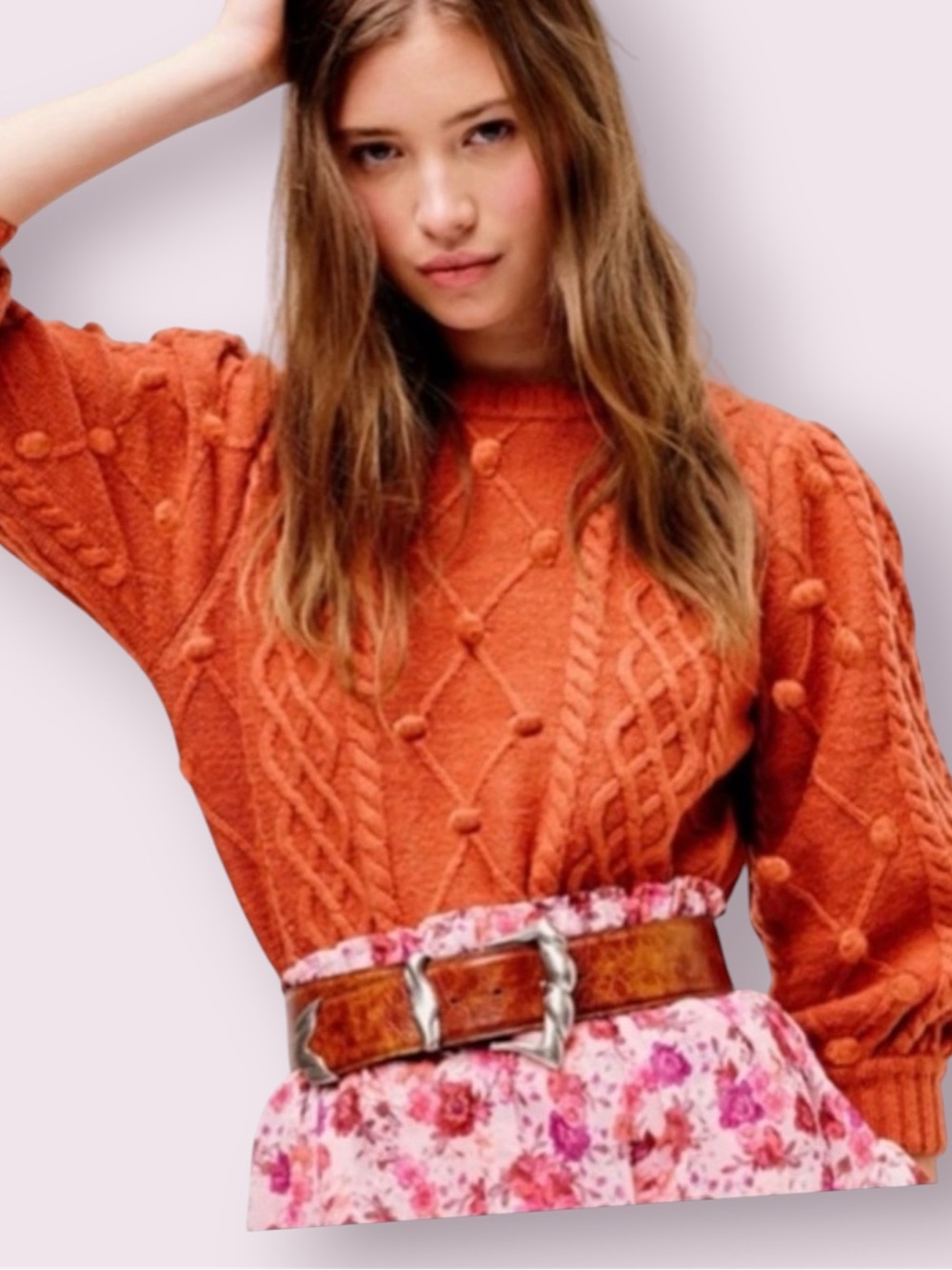 For Love & Lemons Florentine Chunky Sweater Pom-Poms Ginger Orange Size Large